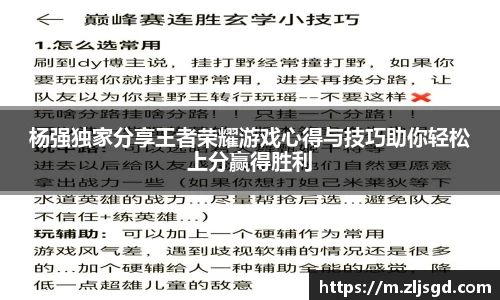 杨强独家分享王者荣耀游戏心得与技巧助你轻松上分赢得胜利
